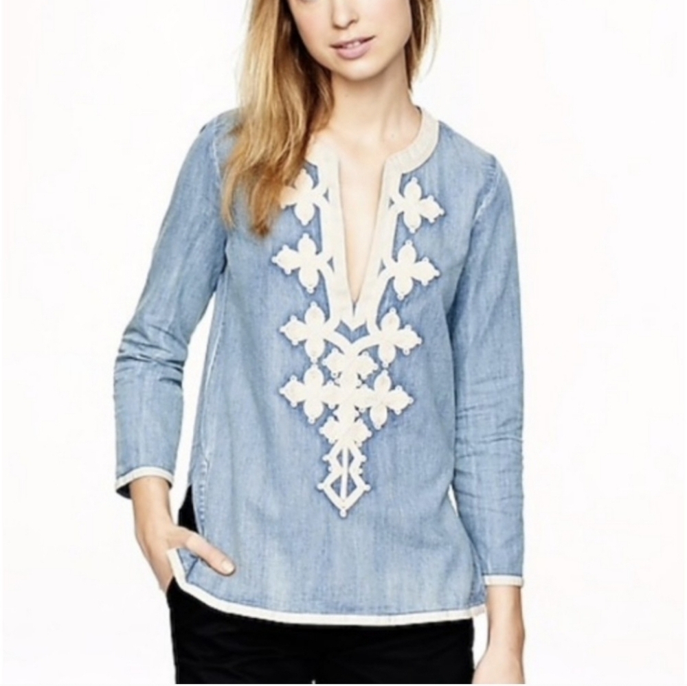 J. Crew Long Sleeve Chambry Embroidered V-neck Top- size 4T